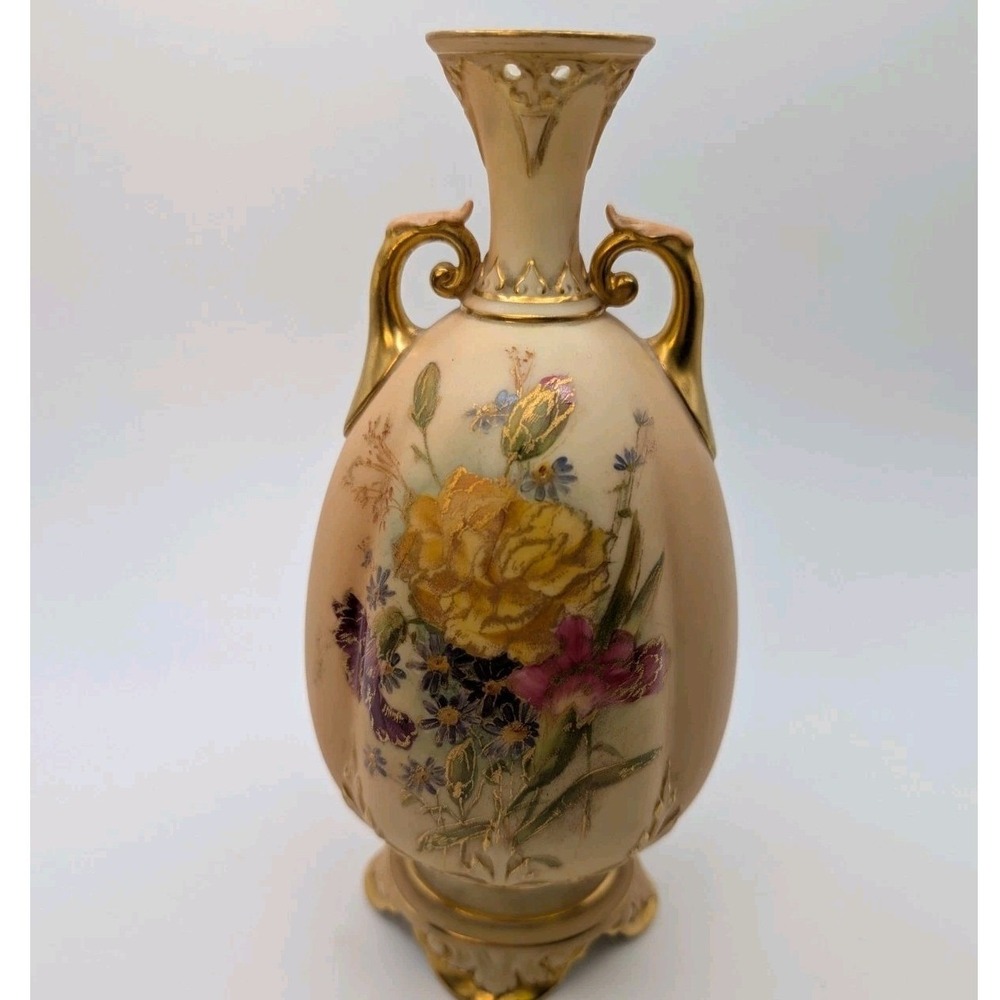 Antique Royal Worcester Bud Vase Handpainted Floral Gold Gilded c1914 England 7"